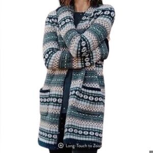 J JILL Cardigan XL Wool Fair Isle Long Open Cozy Pocket Boho Preppy Lagenlook